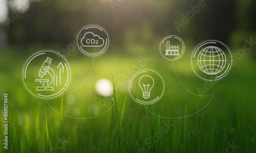 Sustainable Eco-Innovation: A conceptual image illustrating eco-innovation and sustainability, featuring digital icons overlaid on a field of lush green grass and sunlight.
