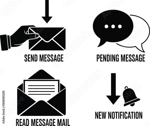 Messaging icons depicting sending pending and read messages on transparent background silhouette