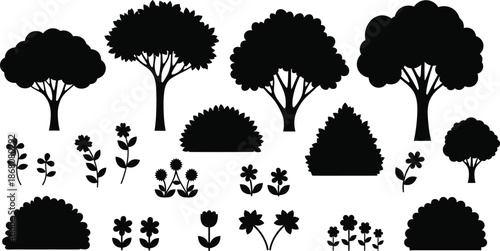 Diverse collection of black trees and bushes ideal for design on transparent background silhouette