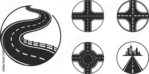Road and intersection icons in circular designs on transparent background silhouette