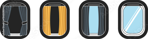Four airplane windows with different views a design element on transparent background silhouette