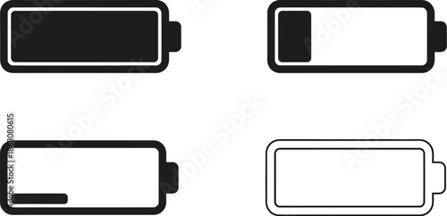 Four battery charge level icons full to empty on transparent background silhouette
