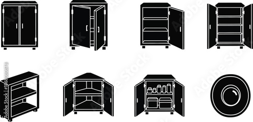 Black wardrobe icons displaying various open and closed states on transparent background silhouette