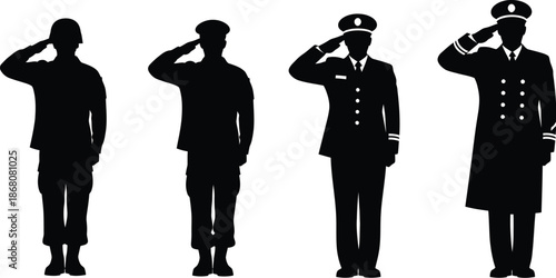 Four military personnel saluting different uniforms on transparent background silhouette