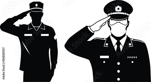 Two soldiers saluting in a black and white image on transparent background silhouette