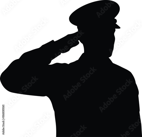 Saluting soldier in uniform a dark silhouette on transparent background