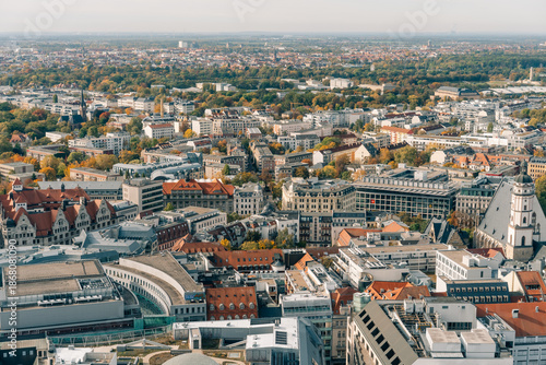 The drone aerial view of Leipzig, Germany. Leipzig is the largest city in the German federal state of Saxony