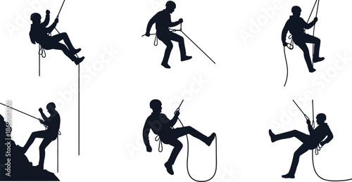 Rock climbers in various poses a set of vector graphics on transparent background silhouette