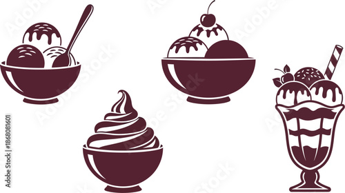 Various ice cream desserts collection with cherry on transparent background silhouette