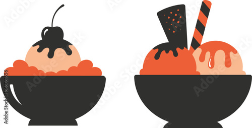 Two scoops of ice cream in bowls cherry on top on transparent background silhouette