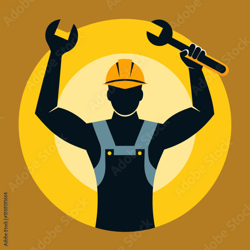Construction Worker Holding Tools Up – Industrial Labor Vector Illustration