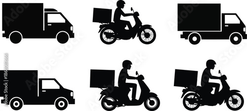 Delivery vehicles and couriers in black silhouette on transparent background