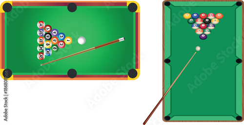 Realistic Green Pool Table with Balls and Cues Top View, Billiards Game Vector Illustration