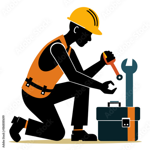 Construction Worker Fixing Machine Silhouette Vector Illustration Industry Concept