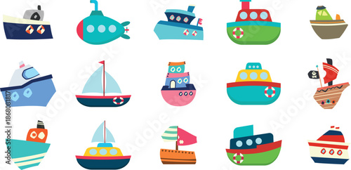 Set of Ships Including Steamers and Submarine, Maritime Transport and Naval Vessel Vector Illustration