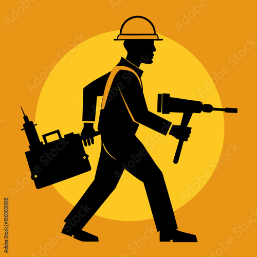 Construction Worker with Drill and Toolbox – Industrial Labor Vector Illustration