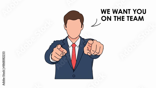 A man in a suit points forward invitingly with the words "We want you on the team" above