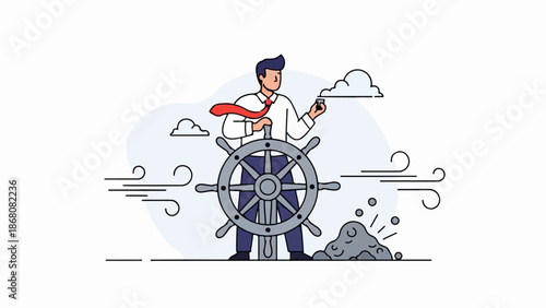A man in a suit steers a ship's wheel through choppy waters and clouds