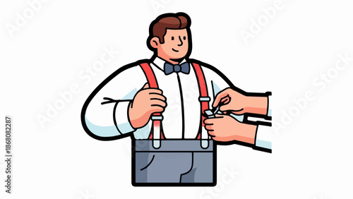 A man in a white shirt and gray trousers is adjusting his suspenders and bow tie