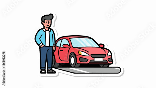 A man stands by his sleek red car parked on a gray surface