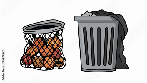 A mesh bag overflowing with onions next to a trash can with a black bag