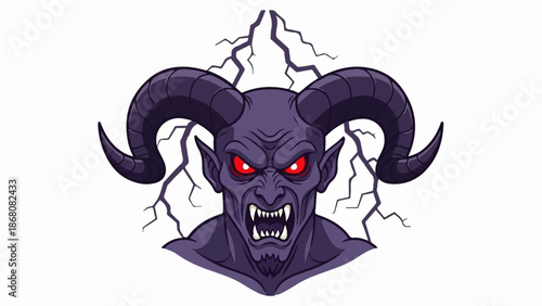 A menacing purple demon with glowing red eyes and sharp fangs, set against a lightning backdrop