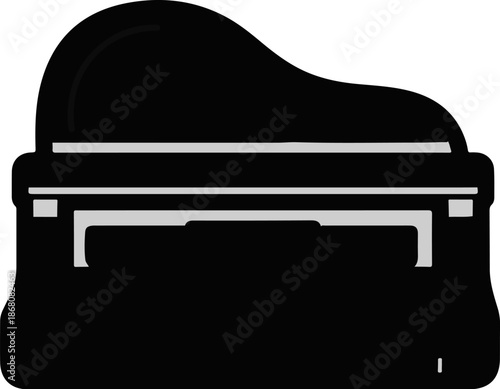 A minimalist, bold black silhouette of a grand piano