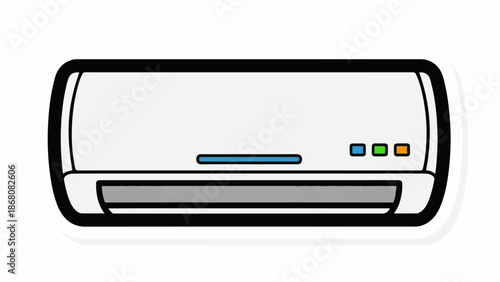 A minimalist illustration of a white wall-mounted air conditioning unit with a black outline
