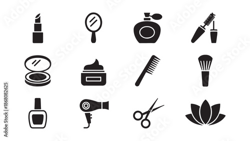 Beauty salon and cosmetics icon collection featuring lipstick, makeup brush, perfume, mirror, face cream, hair dryer, nail polish, comb, and lotus flower for fashion, spa, and feminine care design.
