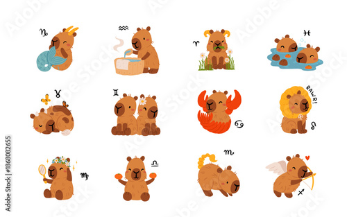Capybara zodiac signs kawaii vector set, cute cartoon astrology animals clipart. Horoscope symbols collection, flat EPS10 illustration for stickers, prints and social media