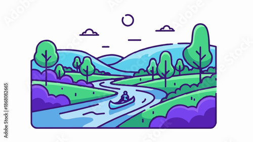 A person canoes down a winding river through rolling hills and trees
