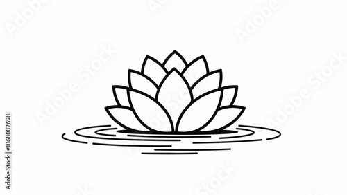 A minimalist line art depiction of a lotus flower blooming on rippling water