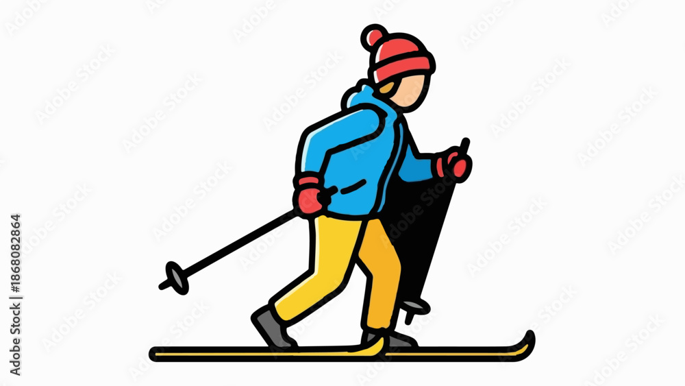 Fototapeta premium A person cross-country skiing, dressed in warm winter attire and using poles