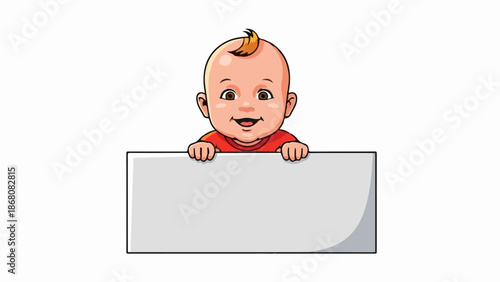 A happy cartoon baby peeks over a blank sign, ready to share a message with a joyful expression