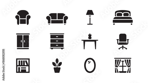 Home furniture and interior design icon set including sofa, bed, wardrobe, armchair, floor lamp, office chair, bookshelf, table, and window curtains for real estate, housing, and decoration concepts.