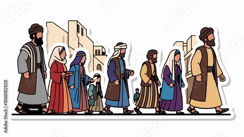 A line of people in historical attire walks past tan buildings under a grey sky