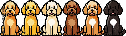 A line of six fluffy, cartoon-style dogs in various warm colors, sitting patiently