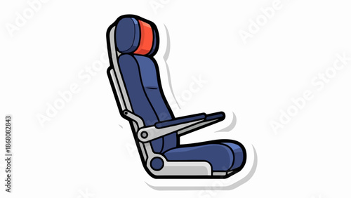 A modern, blue armchair with an orange headrest is depicted with a white outline