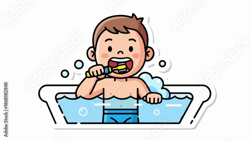 A happy child brushes teeth in a bubbly bath