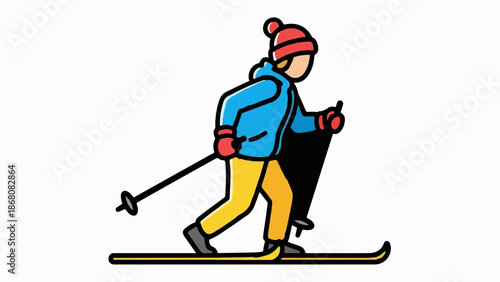 A person cross-country skiing, dressed in warm winter attire and using poles