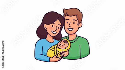 A happy couple tenderly holds their swaddled baby, symbolizing new beginnings and family love