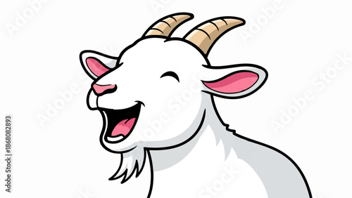 A happy, white cartoon goat with a beard and horns is shown from the chest up