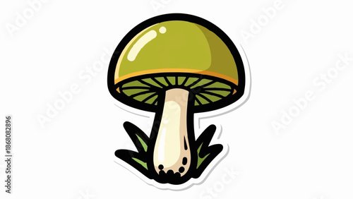 A green mushroom with a thick stem, gills visible, and a few blades of grass