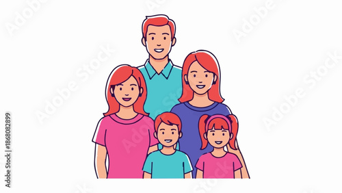 A happy family of five, parents and three children, depicted with simple lines and bright colors