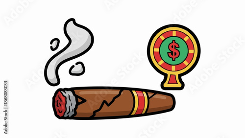 A lit cigar with smoke and a roulette wheel showing a dollar sign