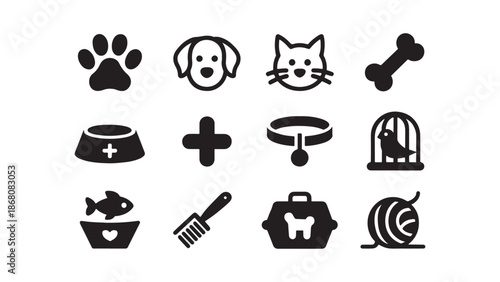 Pet care and veterinary icon set featuring paw print, dog head, cat head, bone, food bowl, medical cross, collar, bird cage, fish bowl, brush, pet carrier, and ball of yarn for animal clinics.