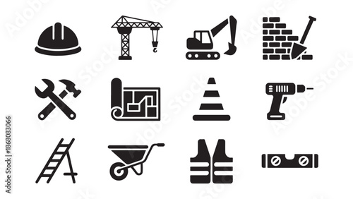 Construction and engineering icon collection featuring hard hat, crane, excavator, brick wall, crossed tools, blueprint, traffic cone, drill, ladder, wheelbarrow, safety vest, and bubble level.