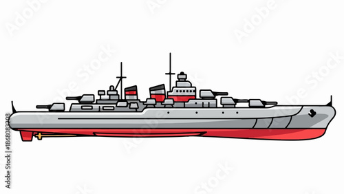 A grey and red illustrated battleship with multiple gun turrets and smokestacks