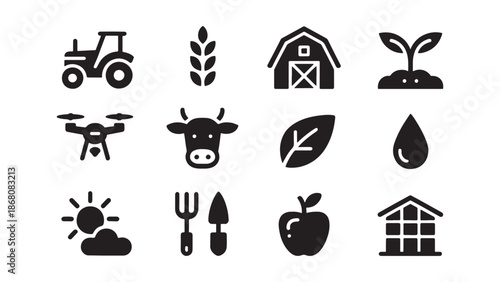Agriculture and smart farming icon set featuring tractor, wheat ear, barn, seedling, drone, cow head, leaf, water drop, sun and cloud, garden tools, apple, and greenhouse for agritech.