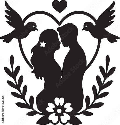 Husband and Wife on Cycle with Heart Shaped Balloons Vector Illustration